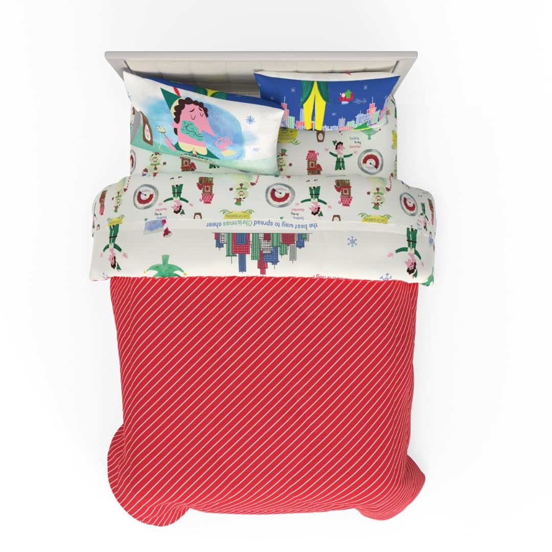 Franco - Juego de edredón y sábanas supersuaves, ropa de cama de festividades y Navidad de película de Buddy el duende NYC con funda de almohada, 7 piezas, tamaño queen (producto con licencia oficial)