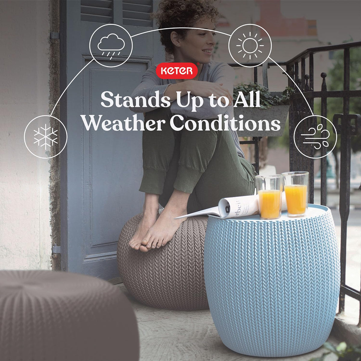 KETER Urban Knit - Juego de 2 puf otomano con Mesa de Almacenamiento para decoración de Patio y habitación, Perfecto para balcón, terraza y Asientos al Aire Libre