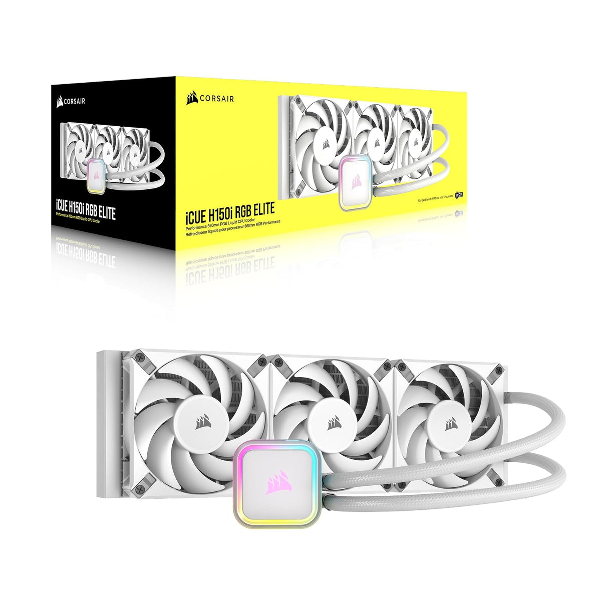 Corsair H150i RGB Elite Refrigerador Líquido para CPU - 360mm AIO - Ventiladores AF120 Elite PWM - Zócalos Intel® LGA 1700, 1200, 2066, AMD® AM5 y AM4 - Blanco