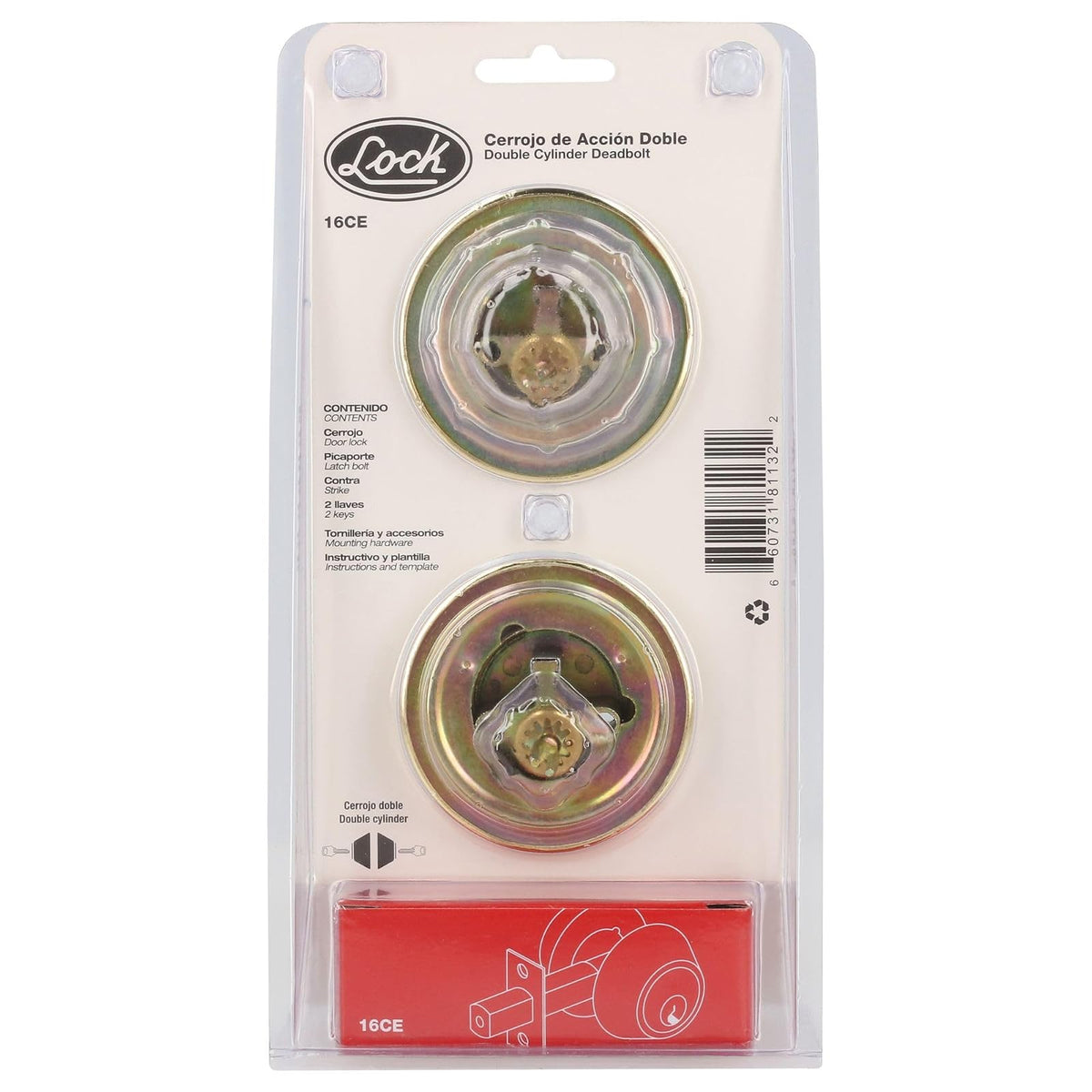 Lock 16CE Cerrojo Tubular Doble Acabado, Latón Brillante