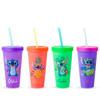 Silver Buffalo Disney Lilo and Stitch Tropical Poses Paquete de 4 vasos de plástico con cambio de color, 24 onzas
