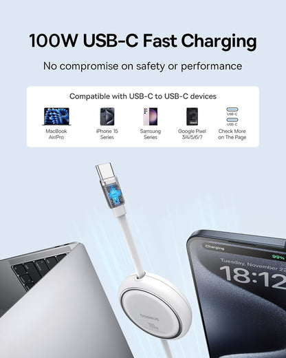 Baseus - Cable USB C, mini cable de carga retráctil USB C a USB C de 100 W, longitud de 4 etapas preestablecida retráctil tipo C USB C para iPhone 15, S23+, Note 10 iPad Pro MacBook Pro, Blanco