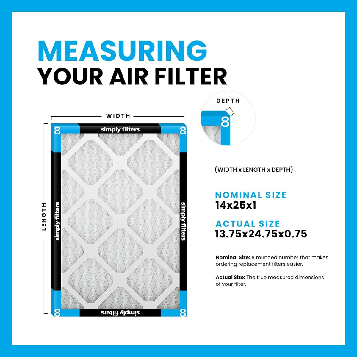 Simply by MervFilters 14 x 25 x 1 (tamaño real - 13.7 x 24.8 x 0.7 pulgadas), filtro de horno Merv 8 AC - Paquete de 4