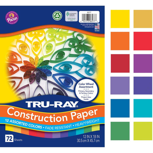 Tru-Ray Papel de construcción pesado, surtido de ruedas de color, 12 x 18 pulgadas, 72 hojas