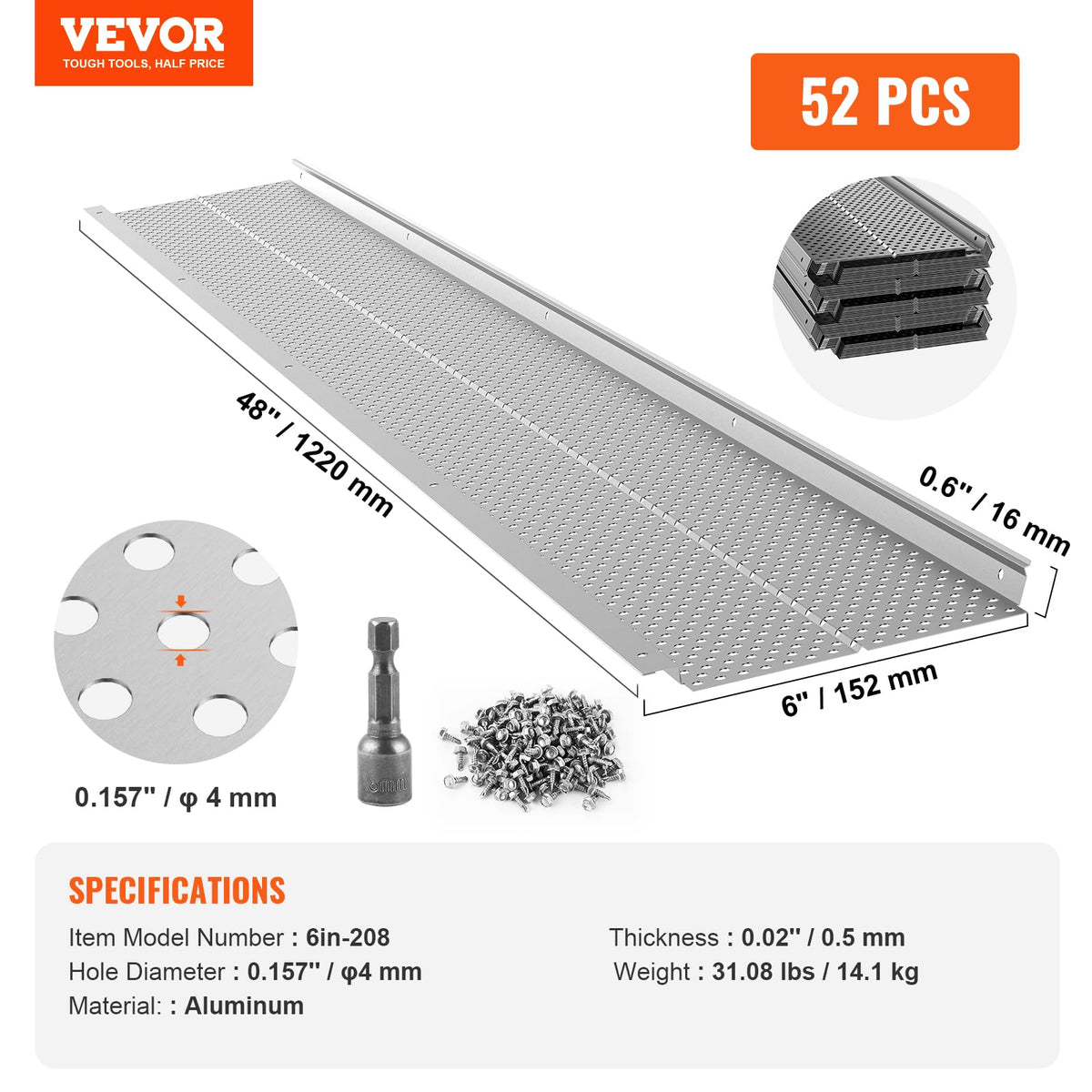 VEVOR Protector de canalón, 6 pulgadas de ancho, filtro de hoja de aluminio, cubierta de canalón, 52 piezas de longitud total de 200 pies, diámetro de agujero de 0.157 pulgadas y grosor para cualquier