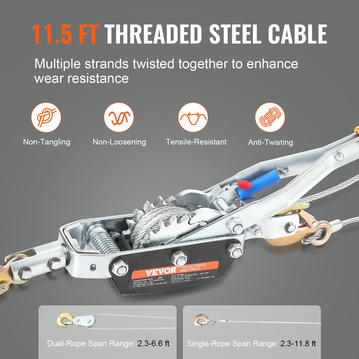 VEVOR Cabrestante de Trinquete Manual Tracción Carga Máxima de 5 T Cable de 3,5 m con 3 Ganchos Herramienta de Tracción con Dos Engranajes para Mover Barcos, Artículos, Transportar Troncos