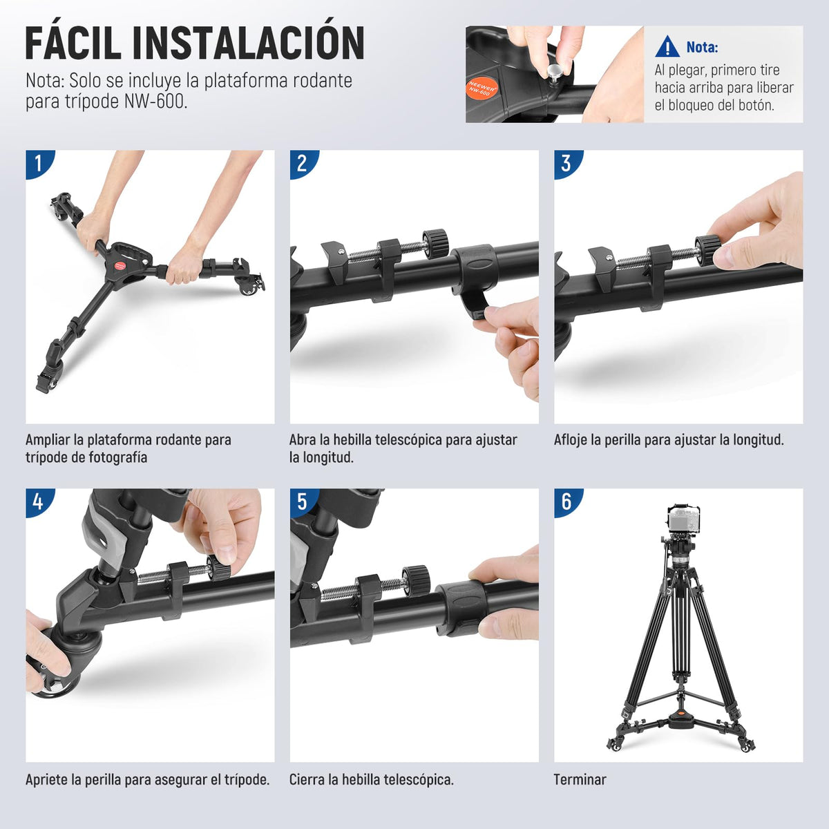 Neewer Fotografía Professional Heavy Duty Trípode Dolly con Ruedas de Goma y Patas Ajustables para Cámaras DSLR Iluminación de Video Fotográfico