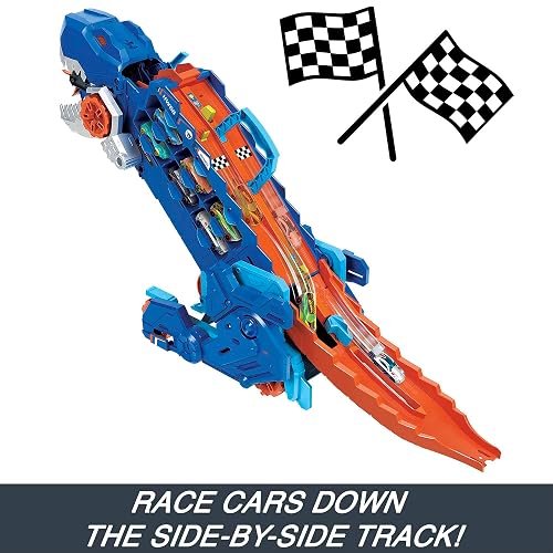 Hot Wheels Pista City Súper Remolque T-Rex con Luces y 2 Autos Incluidos para Niños de 4 Años