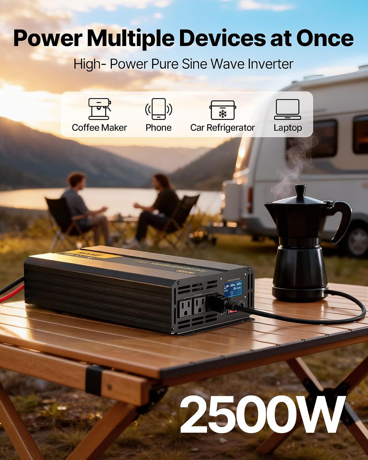 VEVOR Inversor de Onda sinusoidal Pura, inversor de Corriente de 2500 vatios, inversor de CC 12 V a CA 120 V, con Puerto USB, visualización LCD y convertidor de energía de Control Remoto, para RV,
