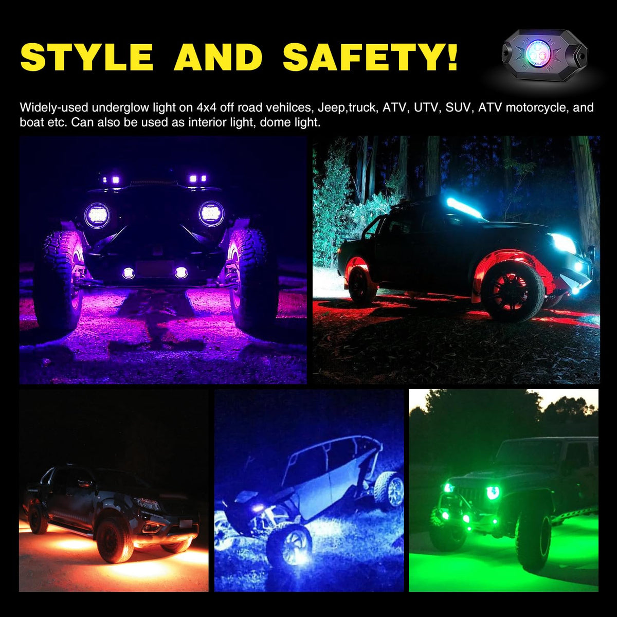 Nilight - Kit de luces LED RGB, 6 cápsulas de neón multicolor con control de aplicación Bluetooth, modo de música intermitente, IP68, luz exterior para camión, ATV, UTV, RZR, SUV