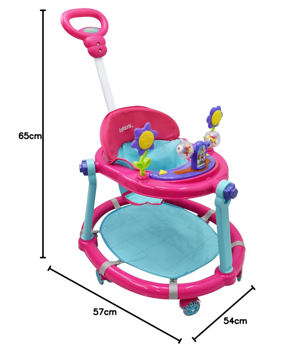 Infanti - Andadera para Bebe 3 en 1 PICNIC - Con Paseador y Juguetero Musical - Barra de Empuje - Color Rosa