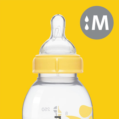 Medela | Biberones | Set de Botellas con Tetina de Flujo Medio | Edad bebé: 4-12 Meses | Contiene: 3 Botellas para Leche Materna de 8 oz / 250 ml con tapas, 1 Bolsa Esterilizadora Quick Clean