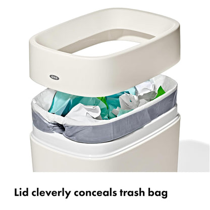 OXO Good Grips - Papelera para baño, color blanco | Cámara de basura compacta para baños, oficina, bolsas de borde ocultas, fácil de limpiar