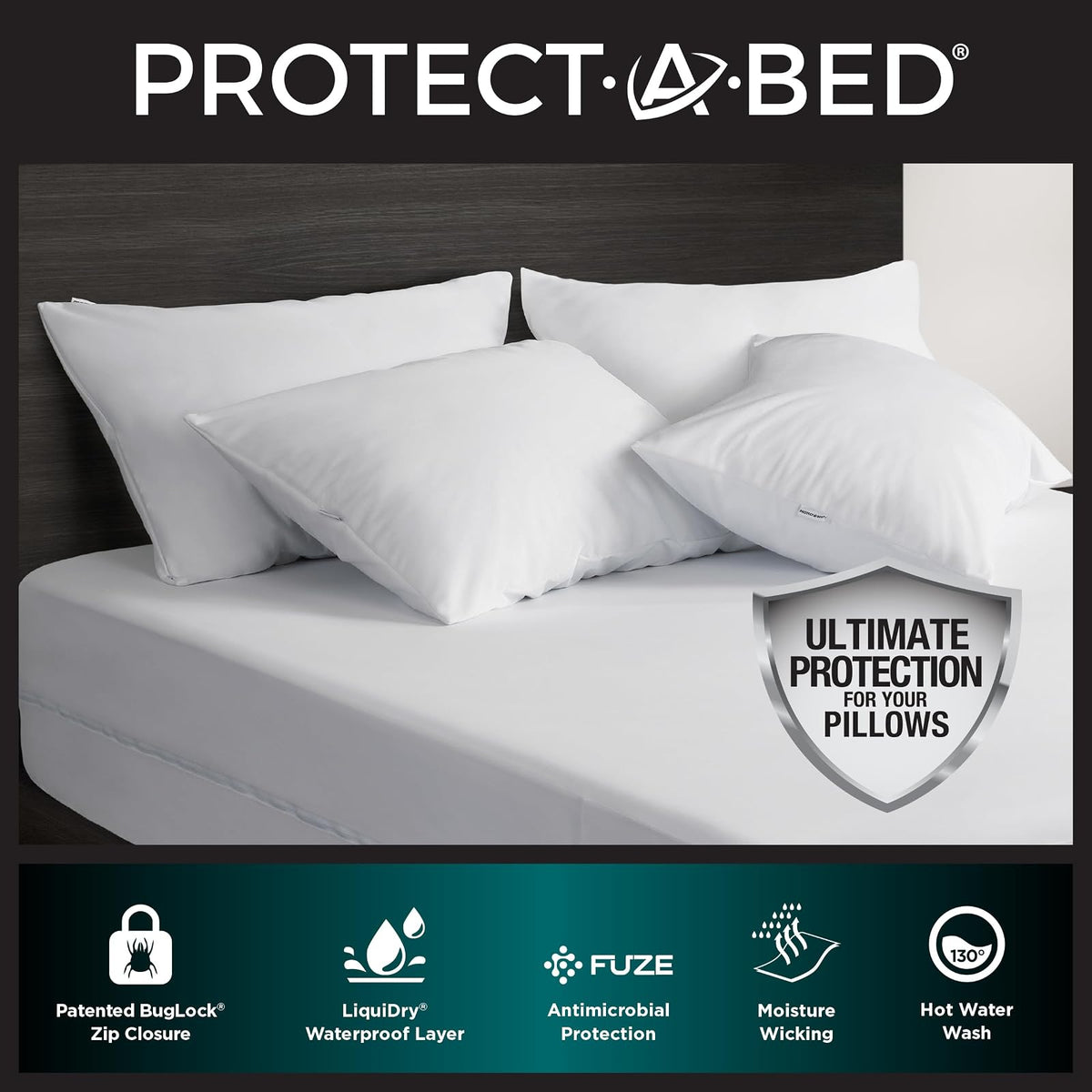 Protect-A-Bed AllerZip - Protectores de Almohada estándar de 20 x 26 Pulgadas (Juego de 2), a Prueba de chinches y ácaros, Fundas de Almohada sin Ruido y Resistentes al Olor, 100% Impermeables