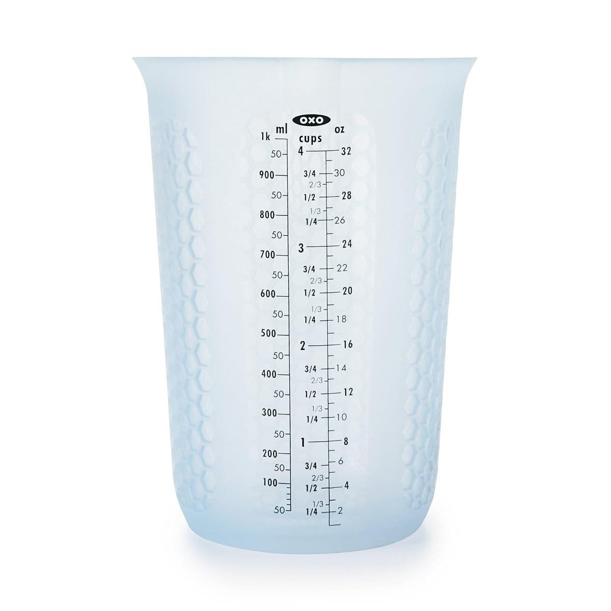 OXO Good Grips 1-cup Squeeze & Pour taza de medir de silicona con Stay-Cool patrón, Transparente, 4 tazas, 1