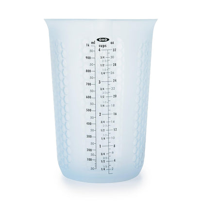 OXO Good Grips 1-cup Squeeze & Pour taza de medir de silicona con Stay-Cool patrón, Transparente, 4 tazas, 1