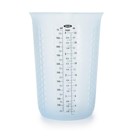 OXO Good Grips 1-cup Squeeze & Pour taza de medir de silicona con Stay-Cool patrón, Transparente, 4 tazas, 1