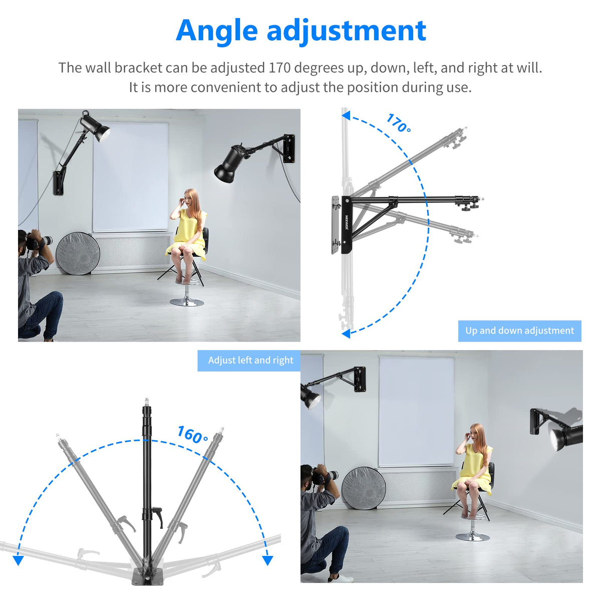 NEEWER Wall Mounting Triangle Boom Arm para Luz de Anillo & Fotografia Gear | Para Monolight, Softbox, Reflector, Sombrilla, y Strobe Luz, Support 180 Degree Rotation, Max Length 4.3 Ft/130cm (Negro)