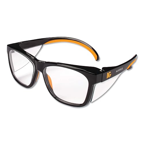 KleenGuard™ Maverick - Protección ocular (49312), lentes transparentes antirreflejos con marco negro y puntas naranjas (cantidad 1)