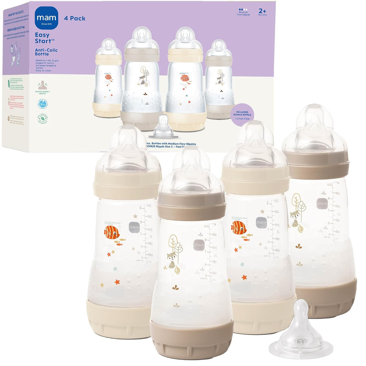 MAM Biberón Anticólico Fácil Inicio, 9 oz, Flujo Medio - Concha y algodón - 5 Count (Pack of 1)