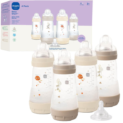 MAM Biberón Anticólico Fácil Inicio, 9 oz, Flujo Medio - Concha y algodón - 5 Count (Pack of 1)