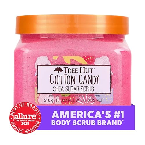 TREE HUT, Cotton Candy Shea Sugar Scrub, Exfoliante Corporal de Azúcar Natural con Manteca de Karité y Esencia de Algodón de Azúcar, Exfolia e Hidrata la Piel, 510 gramos