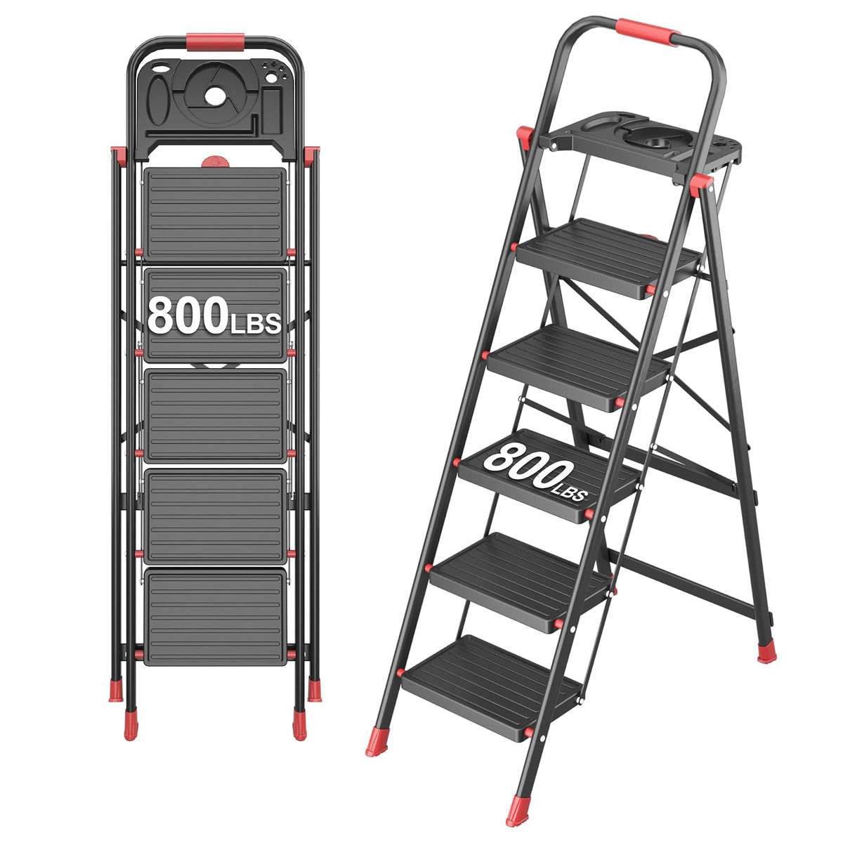 Escalera plegable de 5 escalones con bandeja de herramientas multifuncional, escaleras de plataforma, taburetes, taburete plegable de 5 escalones con pedales antideslizantes, capacidad de carga de 800