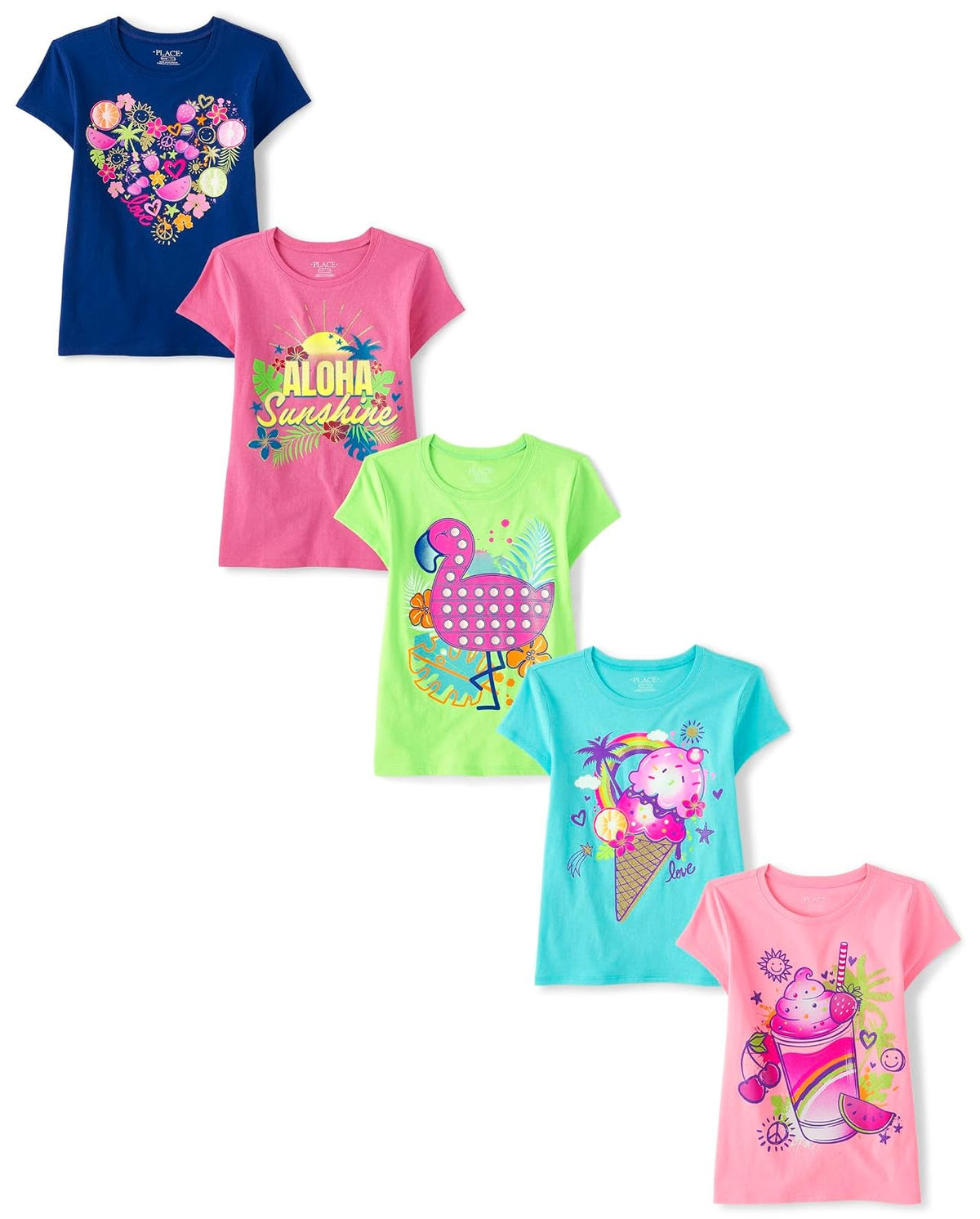 The Children's Place Playera gráfica de Manga Corta, Paquete de 5 Camiseta para Niñas