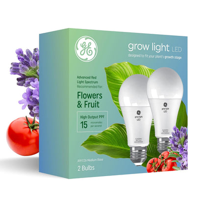 GE - Luces de cultivo para plantas de interior, bombillas LED A19 para flores y frutas con espectro avanzado de luz roja, luz blanca para plantas de interior, 25.000 horas de vida útil, 15 PPF,