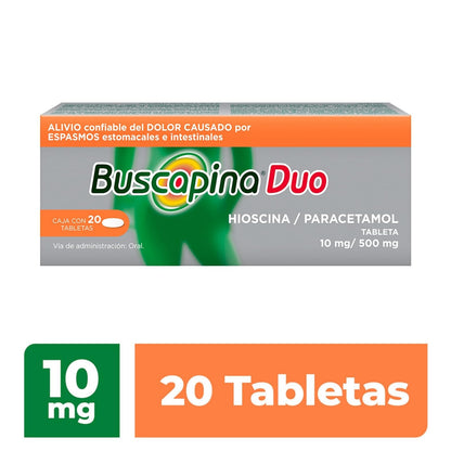 Buscapina Duo alivia dolor de panza. Hioscina 10 mg / Paracetamol 500 mg, 20 tabletas