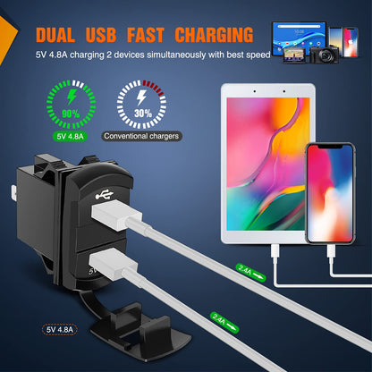 Nilight 90116C - Panel de Interruptor de 2 Bandas con Cargador USB Dual 4.8A y Voltímetro 12-24V CC