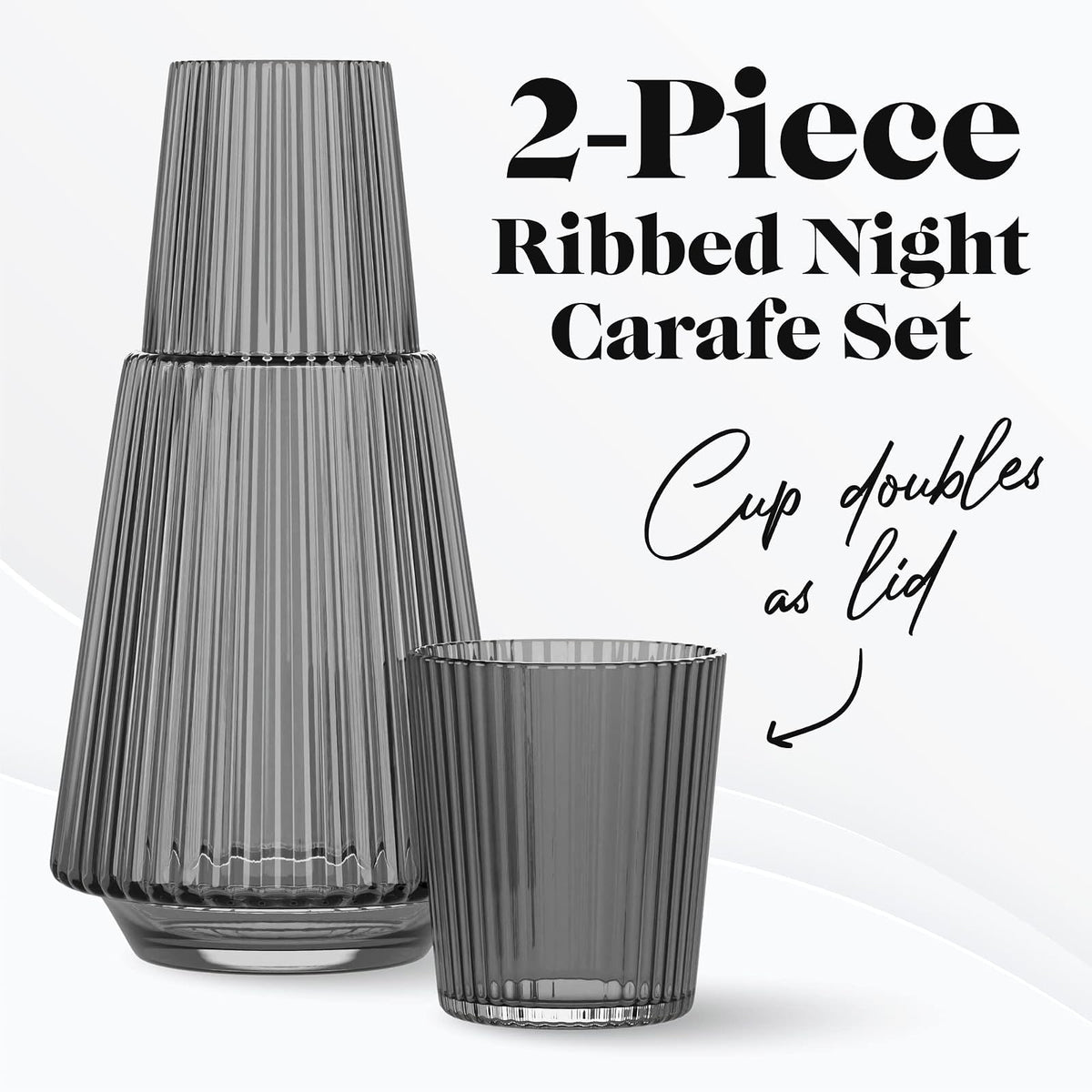 American Atelier - Jarra de agua de noche clásico con vaso, jarra acanalada de 42 onzas y vaso a juego, doble como tapa para habitación de invitados, oficina o regalo, 4.5 x 9.2 pulgadas (gris)