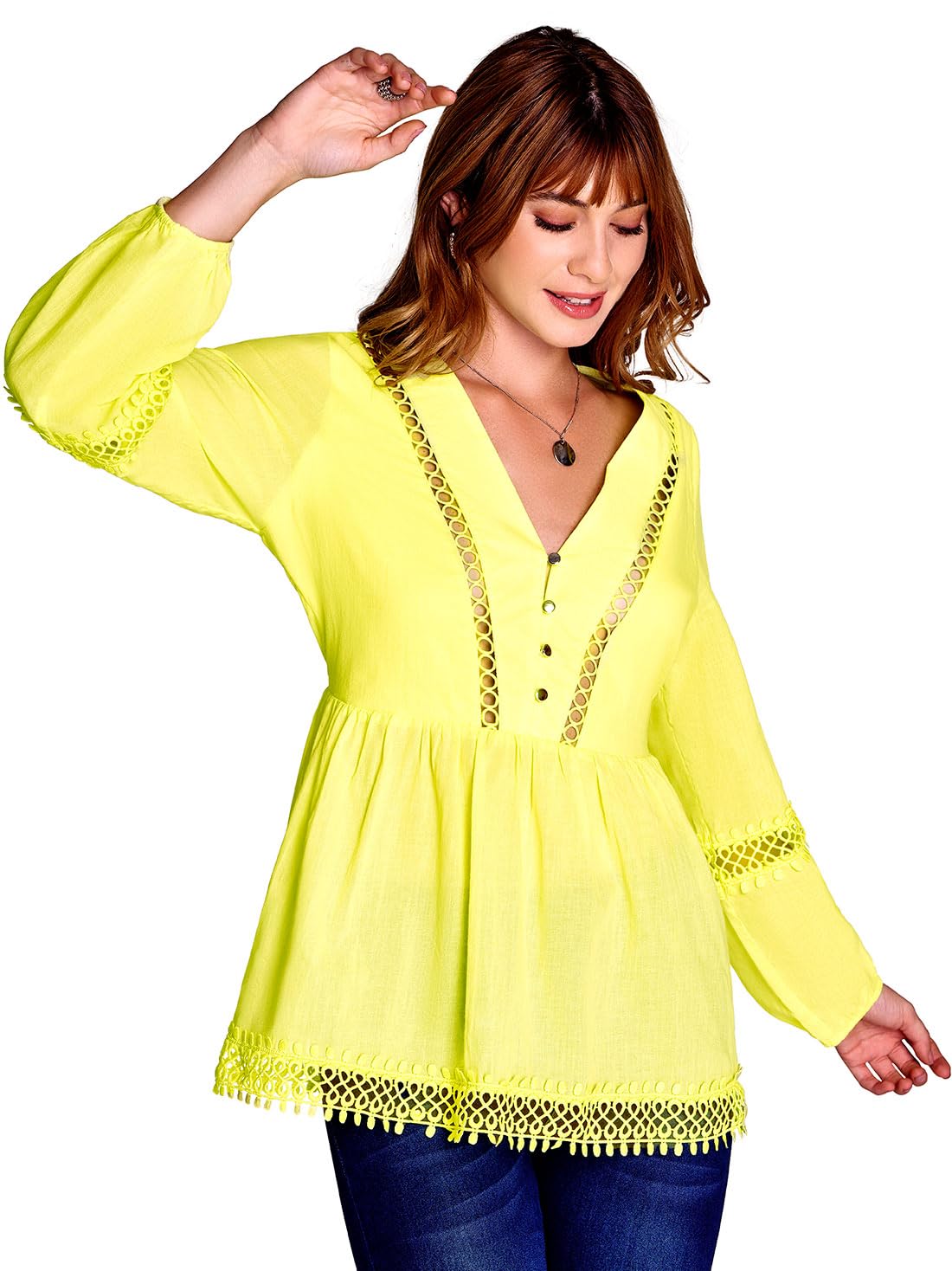 Ilusion Mujer Blusa Tiro Plano Manga Larga Doble Tela en Busto Detalles de Crochet 81173