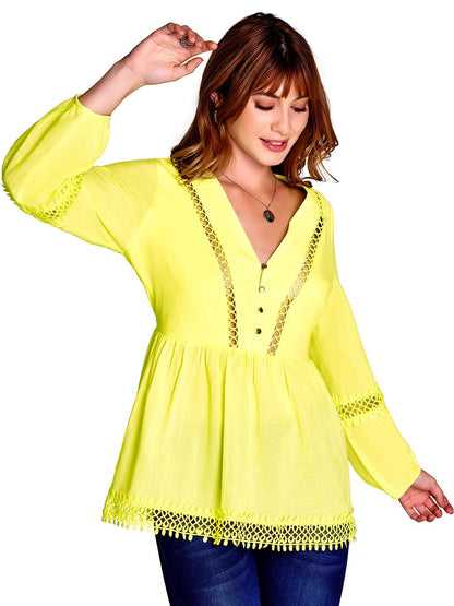 Ilusion Mujer Blusa Tiro Plano Manga Larga Doble Tela en Busto Detalles de Crochet 81173