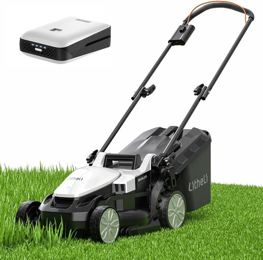 Litheli Cortacésped eléctrico sin cable, cortadora de césped para 1600 pies cuadrados. Cortacésped con motor sin escobillas, ancho de corte de 13 pulgadas, capacidad de 8 galones, altura de corte de 1
