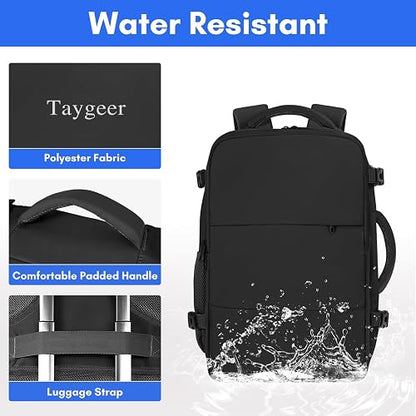 Taygeer Mochila de Viaje 10 kg Avión 40L para Hombre y Mujer, Negra | Laptop 17.3 pulgadas, apertura 180°, bolsa para zapatos, bolsillo impermeable, correa para equipaje, negocios y escapadas