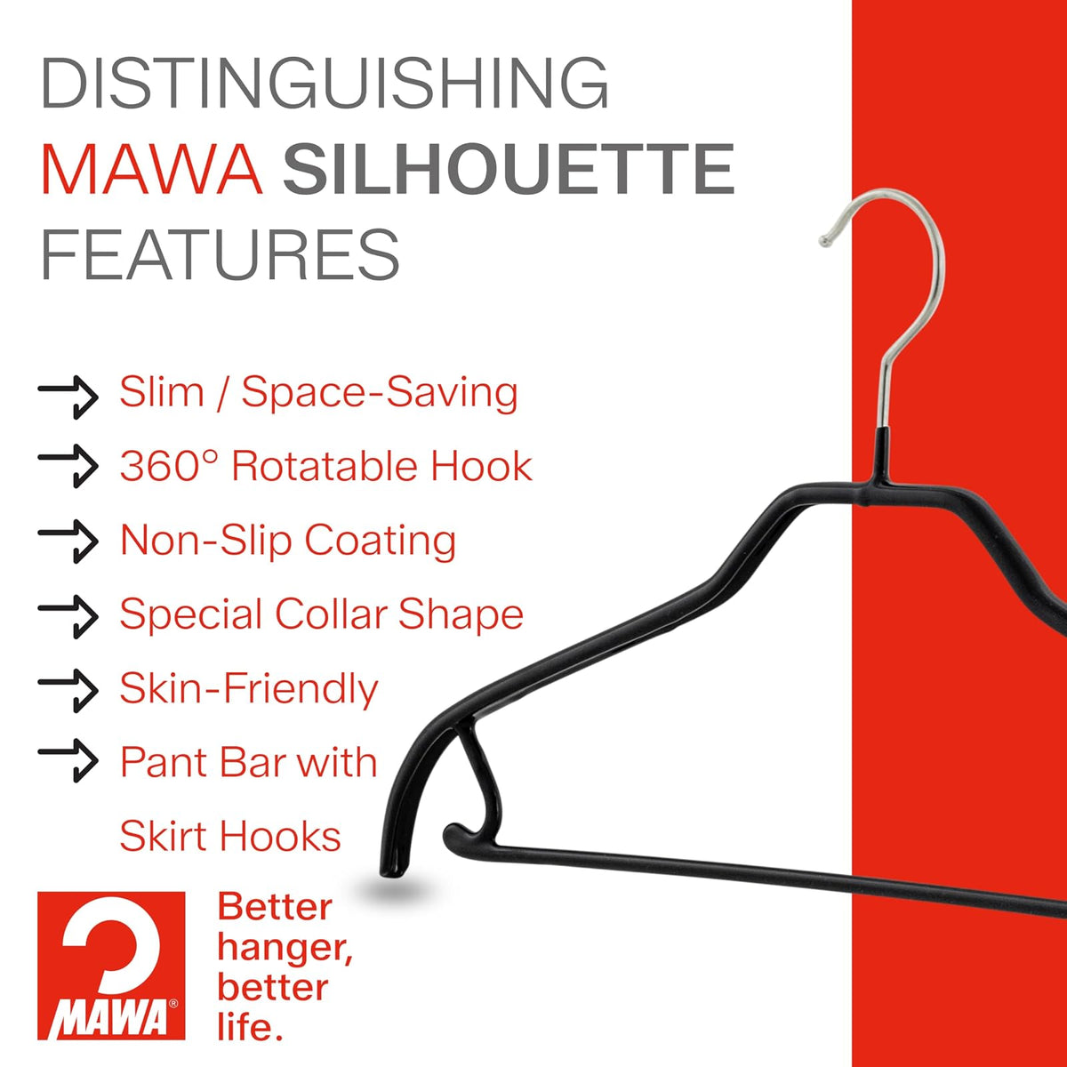 MAWA by Reston Lloyd Silhouette Series - Percha de Ropa Antideslizante para Ropa con Barra y Gancho para Pantalones y Faldas, Estilo 41/FRS, Juego de 5, Color Negro