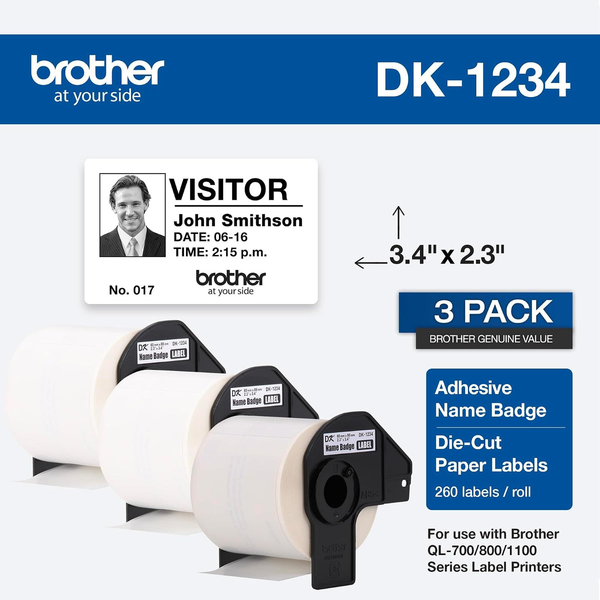 Brother DK-12343PK - Etiquetas de papel troqueladas, 60 mm x 86 mm, 260 etiquetas por rollo, (3) rollos por caja