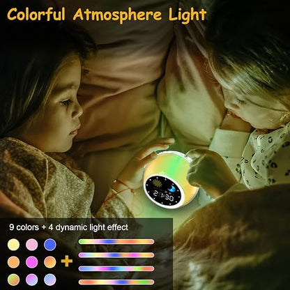 Reloj Despertador para niños para decoración de recámara, Reloj Digital para niños pequeños con Salida del Sol y Luna, máquina de Sonido de Ruido Blanco y luz Nocturna para niña/niño, Entrenador de