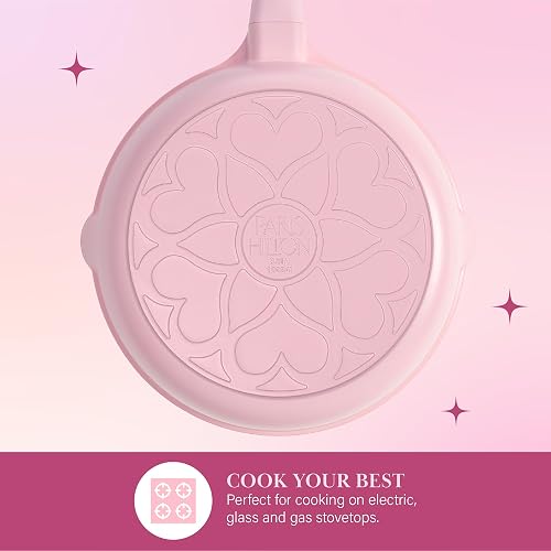 Paris Hilton - Juego de utensilios de cocina antiadherentes de cerámica de aluminio fundido con revestimiento antiadherente de doble capa, perillas de corazón dorado, asas que se mantienen frescas,