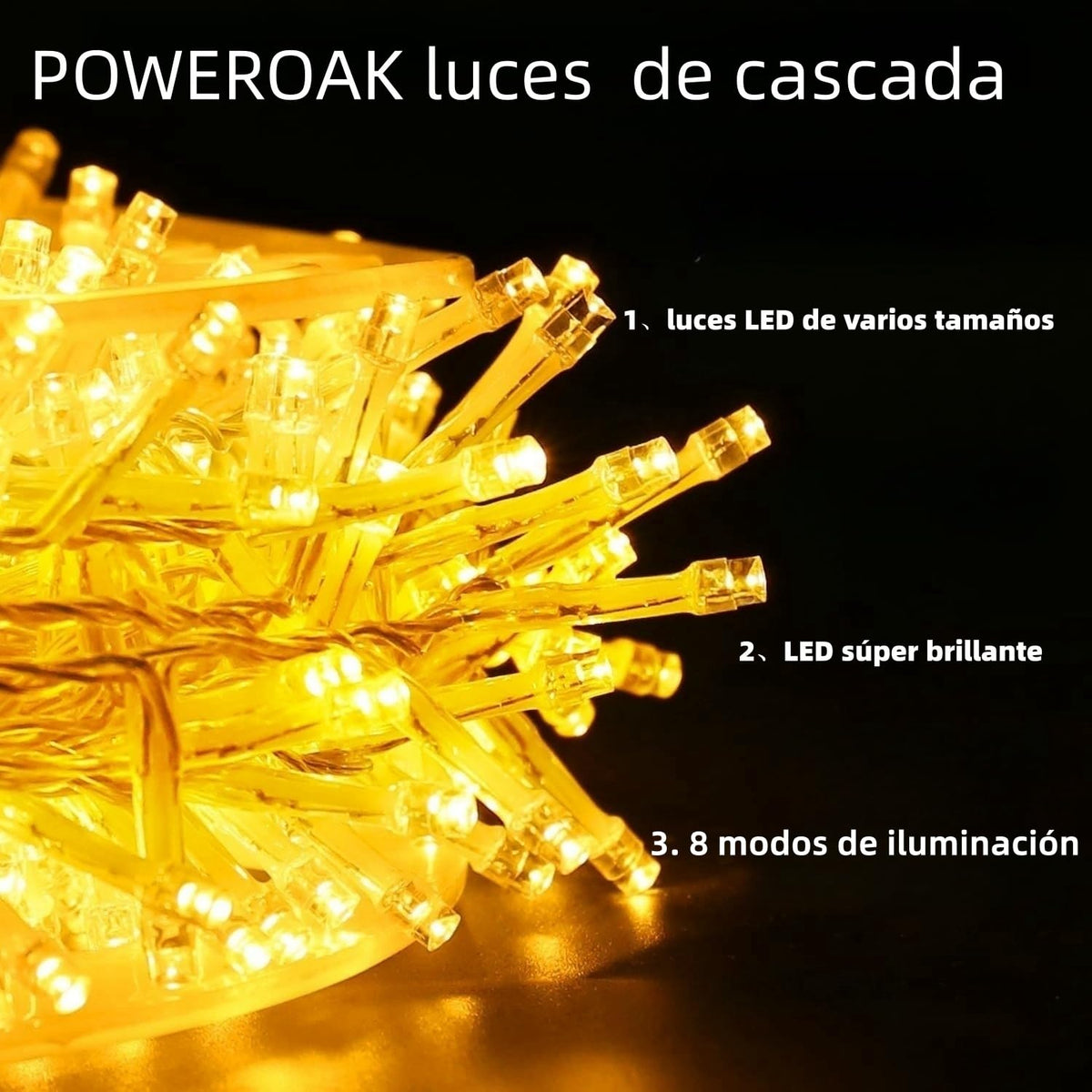 Luces Navideñas Cascada de Luces led -POWEROAK Luces de Navidad 9M 500LED IP44 Serie de Cascada led con 8 Modos de Iluminación Luz cascada Navidad Decorativas. (9M 500LED, Blanco cálido)