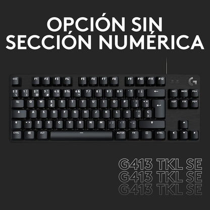 Logitech G413 SE Teclado Mecánico Gaming en inglés Tamaño Estándar - Teclado Retroiluminado, Interruptores Mecánicos Táctiles, Sin Efecto Fantasma, Compatible: Windows, macOS - Negro Aluminio
