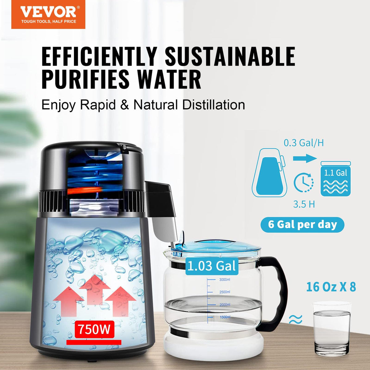 VEVOR Destilador de agua, filtro purificador de agua pura de 4 l y 1,05 galones para encimera del hogar, máquina de agua destilada de 750 W, destilador interior de acero inoxidable, color gris