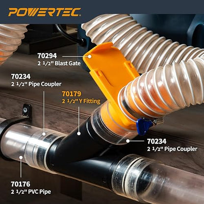 POWERTEC 70179 - Accesorio en Y de 2-1/2 pulgadas para manguera de recogida de polvo de 2 1/2 pulgadas, accesorios de conector de manguera de recogida de polvo para sistema de recogida de polvo, 1