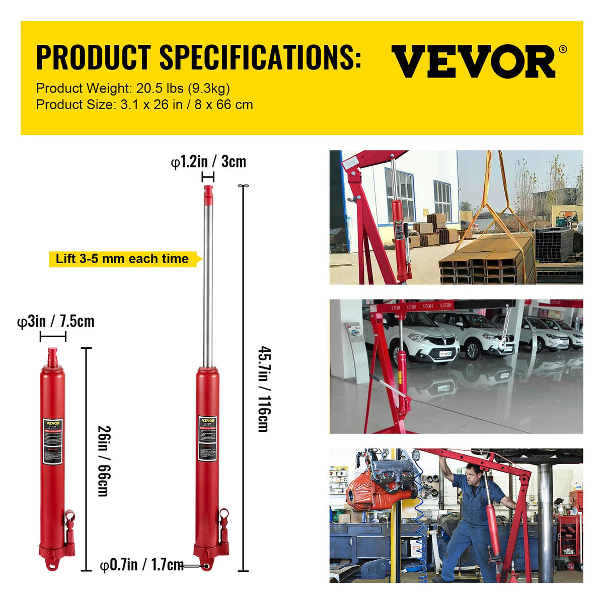 VEVOR Cilindro Hidráulico Largo para Grúa de Taller 8 T Soporte de Motor de Cilindro Hidráulico con Bomba de Pistón Único Base de Horquilla para Motor de Elevación, Mantenimiento Automático