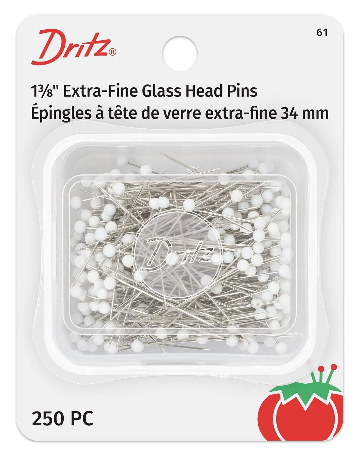 Dritz 61 Pines de Cabeza de Vidrio, extrafino, 250 Unidades, Color Blanco