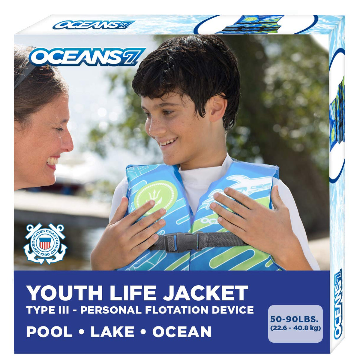 Oceans 7 US Coast Guard-Approved Youth Life Jacket 50-90 lbs, Type III PFD Flexible-Fit Open-Sided Design Personal Flotation Device, Blue/White - Azul - Blanco – Juvenil (50-90 libras)