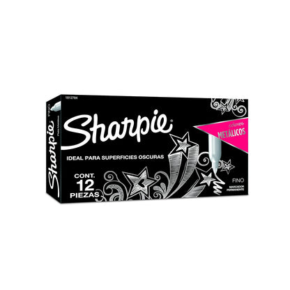 Sharpie Marcadores Permanentes Metálicos, Punta Fina, Plateado, 12 Piezas, 1812784