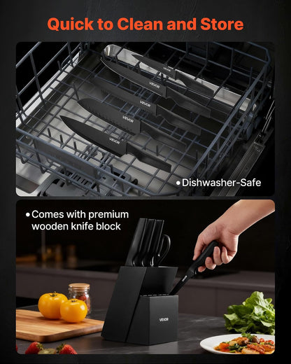 VEVOR Juego de Cuchillos de Cocina con Bloque de Madera y Afilador, con Cuchillos Afilados de Acero Inoxidable de Alto Carbono, con Mango Ergonómico de PP, Hoja 5CR15MOV, 15 Piezas, Color Negro