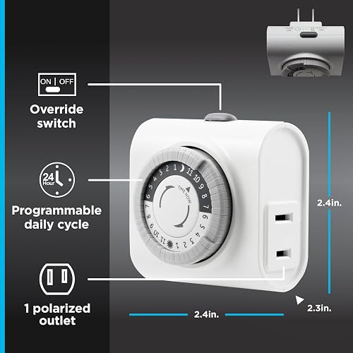 GE Temporizador básico de interior de 24 horas, 1 salida polarizada, enchufe, ciclo de encendido / apagado diario, paquete de 1, mini gris / blanco